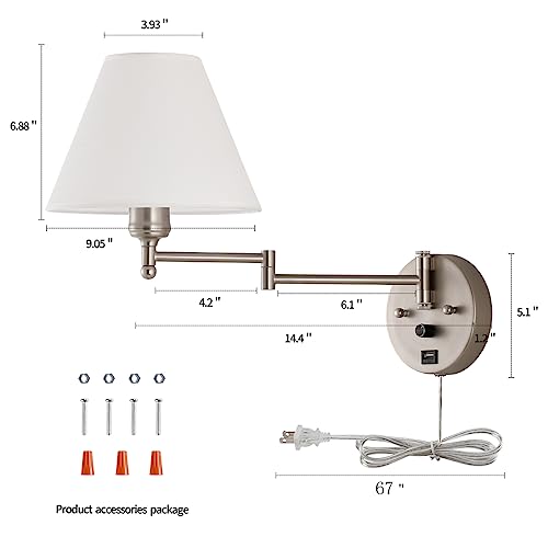 Swing Arm Wall Sconces, Plug-in Wall lamp,Bedroom Wall lamp ， White Fabric Shade，，with dimmable Switch and USB Charging Port, Suitable for Bedside, Living Room, Reading (Nickel) - color: Nickel