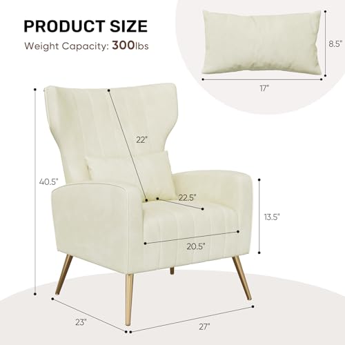Nebuaegis Velvet Accent Chair Wingback for Living Room, High Back Arm Chair with Golden Legs Lumbar Pillow, Upholstered Single Sofa Bedroom Beige - color: Beige, size: Set of 1