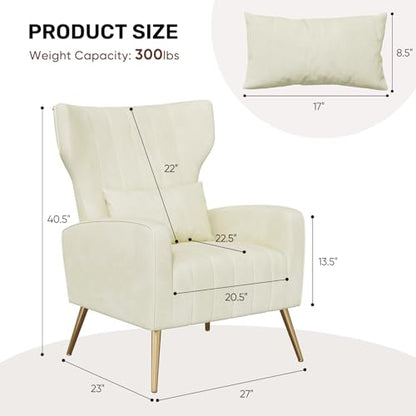 Nebuaegis Velvet Accent Chair Set of 2Wingback for Living Room, High Back Arm Chair with Golden Legs Lumbar Pillow, Upholstered Single Sofa Bedroom Beige - color: Beige, size: Set of 2