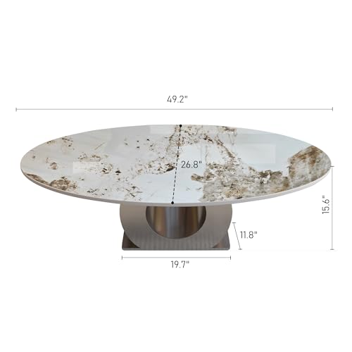 49.2" Oval Marble Coffee Table with Silver Stainless Steel Base, Luxury Modern White Sintered Stone Center Cocktail Tea Tables for Living Room,Easy Assembly - color: Style 3: Silver Base