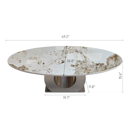 49.2" Oval Marble Coffee Table with Silver Stainless Steel Base, Luxury Modern White Sintered Stone Center Cocktail Tea Tables for Living Room,Easy Assembly - color: Style 3: Silver Base