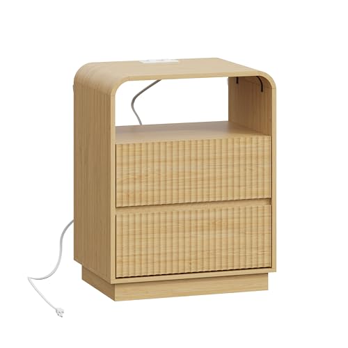 Natural Oak Nightstand with Charging Station, Mid Century Modern Bedside Table & End Table, Fluted Wood Small Night Stand with 2 Hidden Drawers and Storage Shelf for Bedroom - color: Natural Oak, style: 2 Drawers