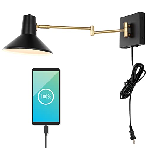 JONATHAN Y Hygge 1-Light Modern Swing Arm USB Sconce 8", Black/Brass Gold | Metal Construction, Plug-In Midcentury Bedside Wall Lamp, Cone Shade, Adjustable Head, LED Bulb Included - color: Black/Brass Gold