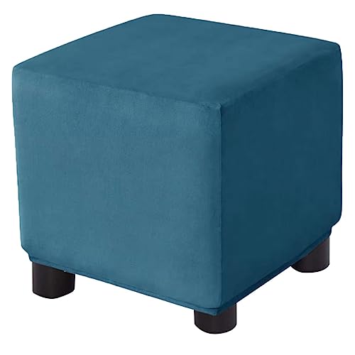 Ottoman Cover Square Velvet Storage Ottoman Slipcovers Thick Stretch Footrest Foot Stool Covers Protector with Elastic Band(Small-Blue) - color: Blue, size: 13"D x 13"W x 15"H