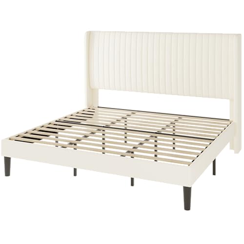 Allewie King Size Velvet Bed Frame/Vertical Channel Tufted Wingback Headboard/Upholstered Platform Bed/No Box Spring Needed/Strong Wooden Slats/Easy Assembly/Cream White - color: Cream White, size: King