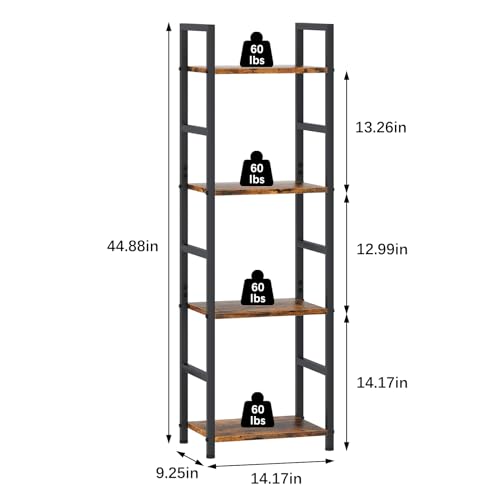 4 Tier Bookshelf, Narrow Storage Organizer for Small Space, Brown | Heavy-duty steel frame, 4 open shelves, Anti-slip feet, Easy assembly, Industrial Storage for Living room, Bedroom - size: 4 Tier