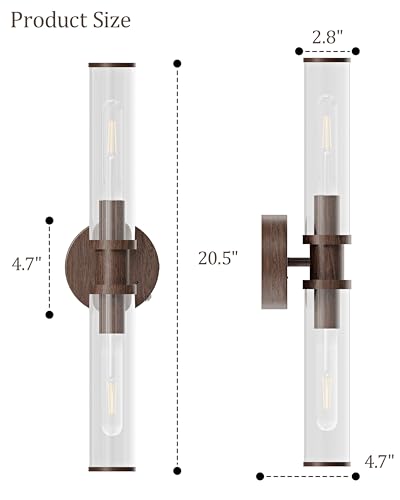 Rayogale Walnut Wireless Battery Operated Wall Sconces with Remote Control | Glass Rechargeable Wall Lights Set of 2 with Timer Function Dimmable for Living Room Bedroom Emergency 3000K, 20.5 Inch - color: Walnut(Clear Tubular Lampshade)