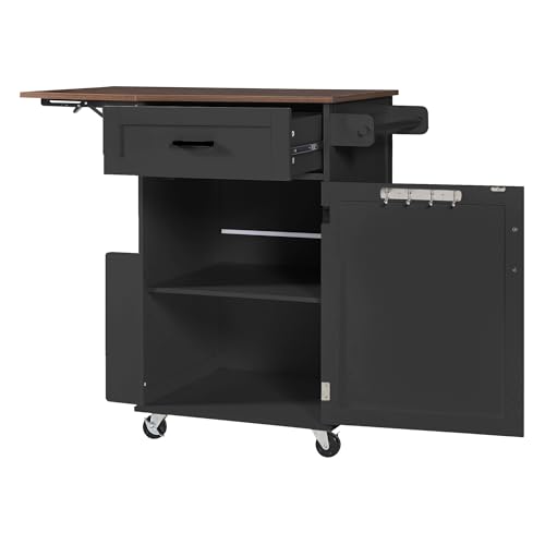 39.3" Farmhouse Kitchen Island with Drop Leaf and Open Side Rack, Small Kitchen Rolling Cart with Drawer and Storage Cabinet, Mobile Dining Table with Lockable Wheels and Towel Rack for Garden Black - color: Black