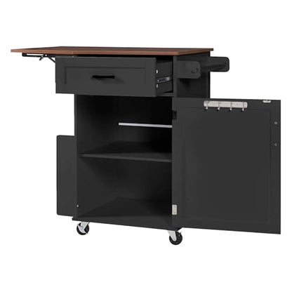 39.3" Farmhouse Kitchen Island with Drop Leaf and Open Side Rack, Small Kitchen Rolling Cart with Drawer and Storage Cabinet, Mobile Dining Table with Lockable Wheels and Towel Rack for Garden Black - color: Black