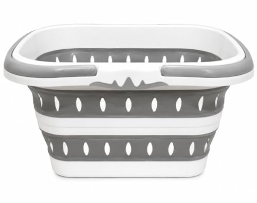 AMSHI Collapsible Laundry Basket 42L – Foldable Pop-Up Hamper with Handles, Space-Saving Design for Bedroom, Bathroom, Dorm Room & Small Apartments, Grey/White
