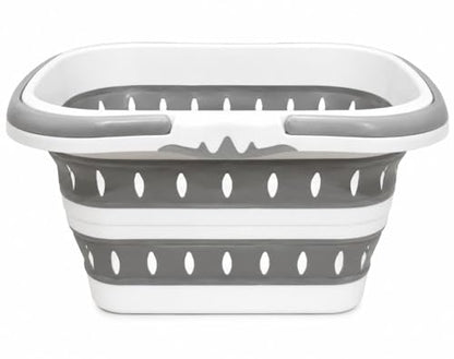AMSHI Collapsible Laundry Basket 42L – Foldable Pop-Up Hamper with Handles, Space-Saving Design for Bedroom, Bathroom, Dorm Room & Small Apartments, Grey/White