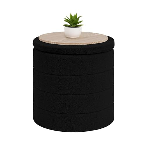 B FSOBEIIALEO Folding Storage Ottoman, Round Sherpa Ottomans, Black | 16.9" Foldable Ottoman With Tray, Boucle Foot Stool, Small Storage Coffee Table for Living Room, Bedroom, Hallway - color: Black, size: 16.9"D x 16.9"W x 17.7"H