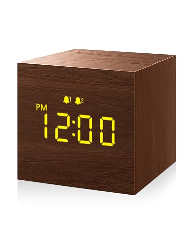 Digital Alarm Clock, with Wooden Electronic LED Time Display, 3 Alarm, 2.5-inch Cubic Small Mini Wood Made Electric Clocks for Bedroom, Bedside, Desk, Brown