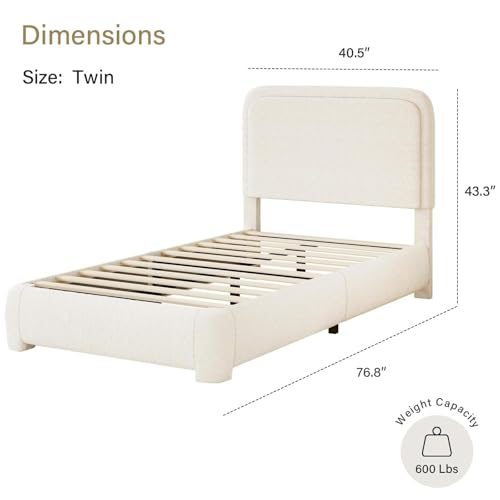 BarnFurin Twin Bed Frame, Cloud Boucle Headboard, Rounded Corners, Cream | Soft boucle and rounded edges create a low-profile cloud look. Wooden slats support the mattress without a box spring - color: Cream, size: Twin