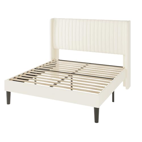 Allewie Full Size Velvet Bed Frame/Vertical Channel Tufted Wingback Headboard/Upholstered Platform Bed/Strong Wooden Slats/No Box Spring Needed/Easy Assembly/Cream White - color: Cream White, size: Full