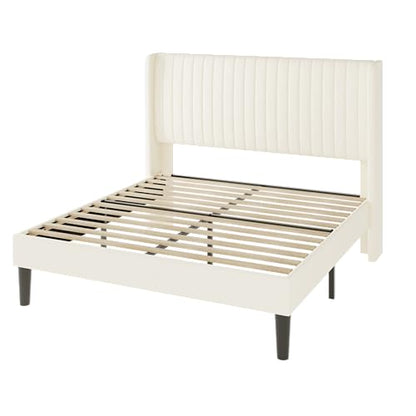 Allewie Full Size Velvet Bed Frame/Vertical Channel Tufted Wingback Headboard/Upholstered Platform Bed/Strong Wooden Slats/No Box Spring Needed/Easy Assembly/Cream White - color: Cream White, size: Full