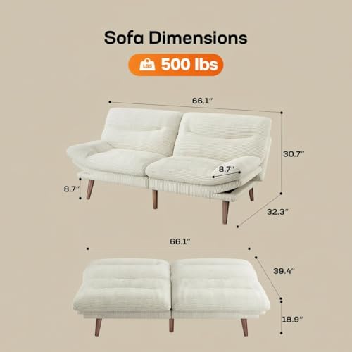 AMADA 66"Convertible Futon Sofa Bed, Corduroy Folding Futon Set with Adjustable Backrest &Armrests, Recliner Lounge for Living Room, Apartment or Office, Solid Wood Frame, Loveseat Sofa - Beige White