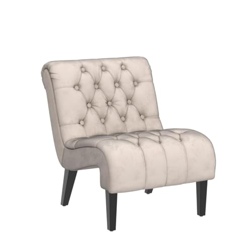 Comfy Velvet Accent Chair, Tufted Armless Side Chair with Rolled Edge | Modern Small Lounger for Living Room, Upholstered Reading Chaise Lounge with Solid Rubber Wood Legs, Beige - color: Beige, size: Set of 1