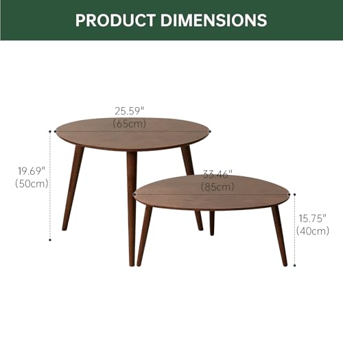 Small Oval Nesting Table, Mid Century Coffee Tables for Living Room,Solid Oak Wood Side Table,Triangle Tabletop with 3 Legs,Minimalist Display End Tables (Walnut Color, Combine) - color: Walnut Color, size: Tall-Large - 2 Pieces