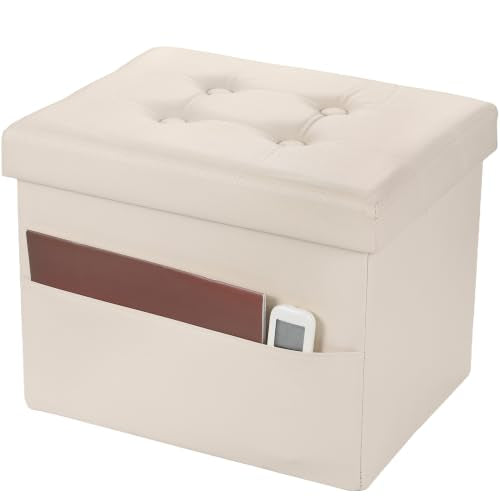 Bsketa Storage Ottoman Bench,17 Inch Folding Leather Foot Rest Stool, Beige | Small Ottoman with Side Pockets, Thicker Foam Padded Seat, Livingroom, Dorm, Bedroom, Easy to install, 43L,17x13x13in - color: Beige-with Side Pockets..