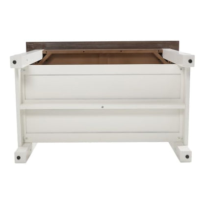 Kmax 47.25" Kitchen Island with Storage, Farmhouse Solid Wood Stationary Dining Table with Large Worktop, Modern Coffee Bar Table for Small Space, Brown Brush and White - color: White- Brown Brush