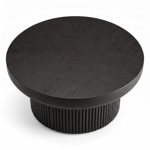 33.5" Round Coffee Table with Real Wood Parquet Top,Black | Mid-Century Modern Tea Table Center Table, Thickened Tabletop, Sturdy Base for living Room, Easy Assembly - color: E-33.5" Black