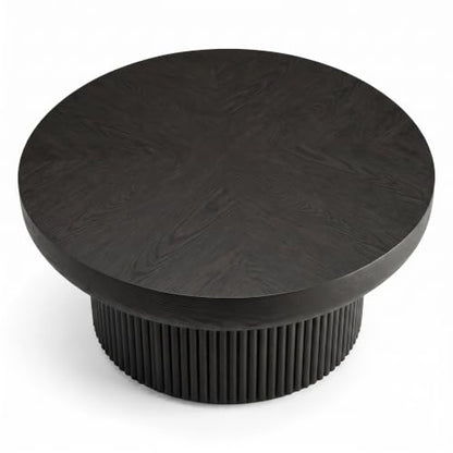 33.5" Round Coffee Table with Real Wood Parquet Top,Black | Mid-Century Modern Tea Table Center Table, Thickened Tabletop, Sturdy Base for living Room, Easy Assembly - color: E-33.5" Black