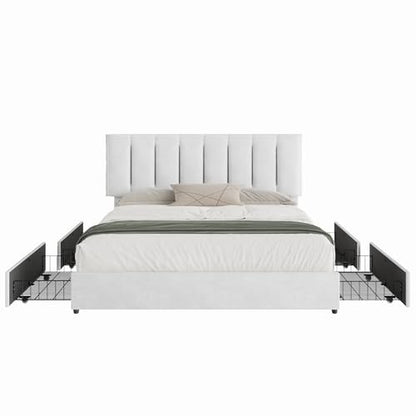 VECELO King Size Bed Frame with 4 Storage Drawers, Adjustable Height Headboard, Heavy-Duty Bedframe with Strong Wooden Slats, No Box Spring Needed, Pure White - color: Pure White, size: King, style: Bed Frame With Drawers