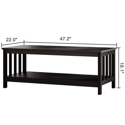 ChooChoo Mission Coffee Table, Black Wood Living Room Table with Shelf, 47 inch - color: Black, size: 22"D x 47.2"W x 18.1"H