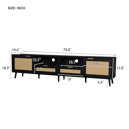 Modern Black Rattan TV Stand for 85 inch TV, 79 inch Farmhouse Media Console with Solid Wood Legs and Cable Management, Large Entertainment Center with Storage Cabinets for Living Room - color: Black