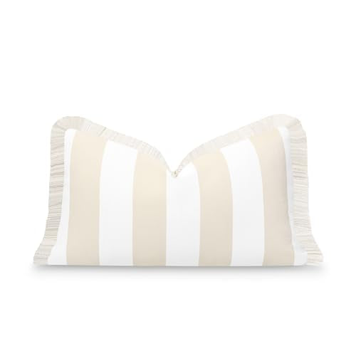 Hofdeco Premium Fall Coastal Patio Indoor Outdoor Lumbar Pillow Cover Only, 12"x20" Water Repellent for Backyard, Couch, Neutral Tan Stripe Fringe - color: Neutral Tan Stripe 12"x20"