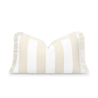 Hofdeco Premium Fall Coastal Patio Indoor Outdoor Lumbar Pillow Cover Only, 12"x20" Water Repellent for Backyard, Couch, Neutral Tan Stripe Fringe - color: Neutral Tan Stripe 12"x20"
