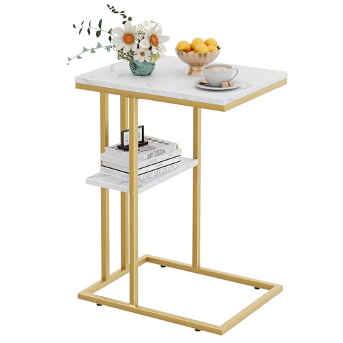 C Shaped End Table, Couch Side Table that Slide Under | TV Trays for Eating on Couch, Narrow Sofa Tables for Small Space Living Room, Bedroom, White + Gold - color: White Marble+gold