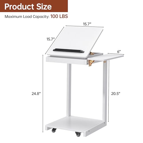 C Shaped End Table for Couch Rolling Side with Wheels White | Wood, Desk Tv Tables, with Folding Desktop, Lockable Wheel, with Hidden Storage, for Living Room, Bedroom - color: White