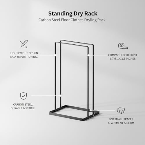 Compact Carbon Steel Standing Dry Rack for Small Spaces - Indoor Floor Clothes Hanger for Apartments & Dorms, Black