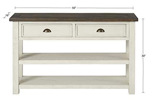 Martin Svensson Home Monterey Solid Wood Sofa Console Table, Cream & Brown | Farmhouse Style, Pine Wood, Two Drawers, Two Open Shelves for Storage - color: Cream White With Brown Top