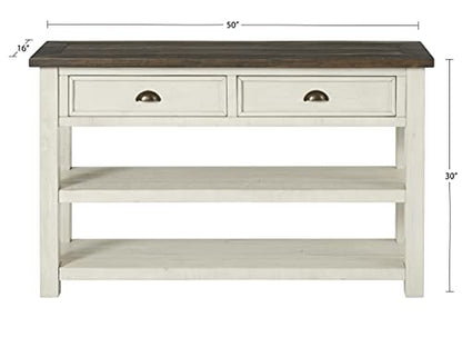 Martin Svensson Home Monterey Solid Wood Sofa Console Table, Cream & Brown | Farmhouse Style, Pine Wood, Two Drawers, Two Open Shelves for Storage - color: Cream White With Brown Top