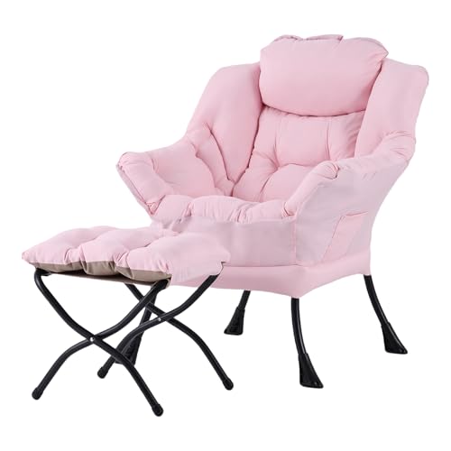 Welnow Lazy Chair with Ottoman, Reading Chair with Footrest，Pink | A Side Pocket,Armrests,Foldable Footrest,Thick Cushioned Seat & Backrest, Lounge Chair for Bedroom,Living Room & Small Space - color: Pink