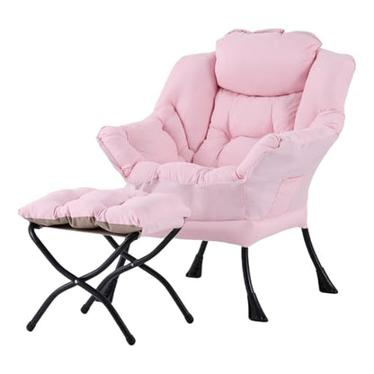 Welnow Lazy Chair with Ottoman, Reading Chair with Footrest，Pink | A Side Pocket,Armrests,Foldable Footrest,Thick Cushioned Seat & Backrest, Lounge Chair for Bedroom,Living Room & Small Space - color: Pink