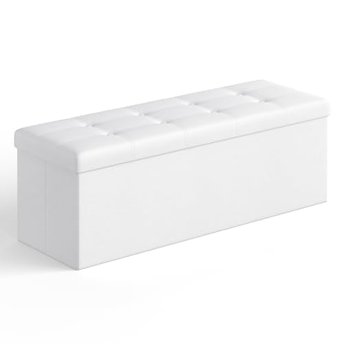 SONGMICS MAZIE Collection - 43 Inches Folding Storage Ottoman Bench, Ottoman with Storage, Foot Rest Stool, Load 660 lb, for Living Room, Synthetic Leather, White ULSF702 - color: White, size: 15"D x 43"W x 15"H