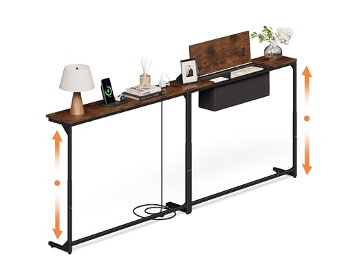 LIFECHOVY Narrow Console Table Behind the Couch with Power Outlets | Adjustable Height, 78.7" Long, 2 Pack, Fabric Storage, Sofa Table Behind Couch, For Living Room, Entryway, Rustic Brown