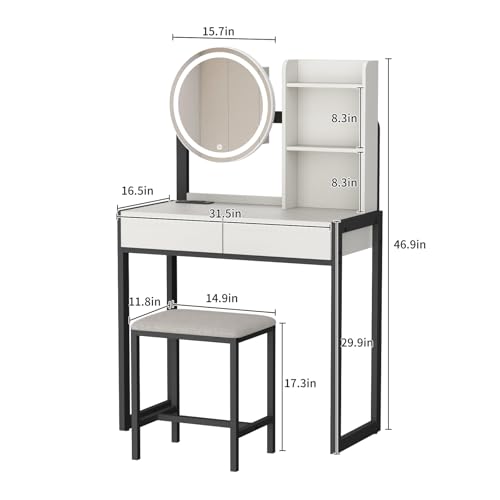 Small Vanity Desk with Mirror and Lights, Makeup Vanity Table with LED Mirror, 3 Lighting Modes, Power Outlet, Drawer, Open Shelves and Cushioned Stool for Bedroom (Black) - color: Black