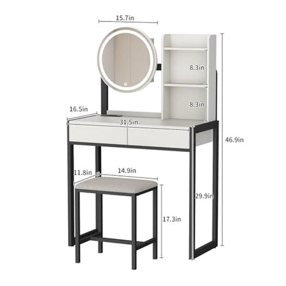 Small Vanity Desk with Mirror and Lights, Makeup Vanity Table with LED Mirror, 3 Lighting Modes, Power Outlet, Drawer, Open Shelves and Cushioned Stool for Bedroom (Black) - color: Black