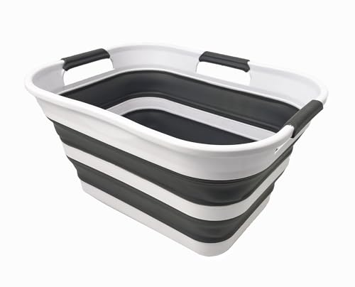SAMMART Collapsible Plastic Laundry Basket Washing Tub Foldable Pop Up Storage Container-Space Saving/Portable Laundry Hamper. Ideal for Home, Travel, Dorm, and Camping (White/Steel Grey, 19L) - color: White/Steel Grey, size: 19L
