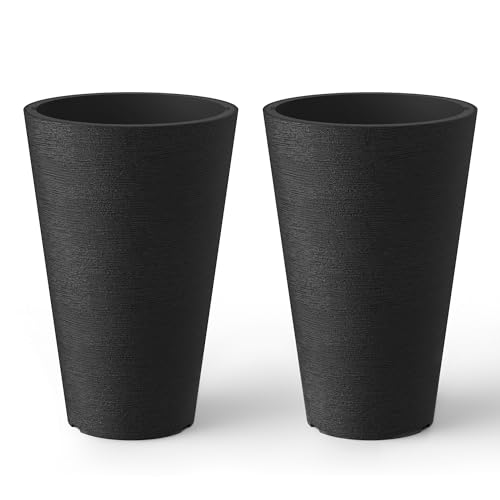 Kante Set of 2 Black Plastic Round Planters 13" Tall Home & Outdoor | Tapered, Nursery Pot & Outer Cachepot, Indoor Use, Modern Garden Decor, Weather-Resistant, Drainage, Lightweight, Durable - color: Black, size: 13" H