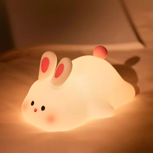 Rytinazzz Silicone Night Light for Kids, 50H Long Battery Big Face Rabbit Lamp, Gift for Kids, Soft Dimmable Bedside Light, Rechargeable Tap Control - color: Rabbit