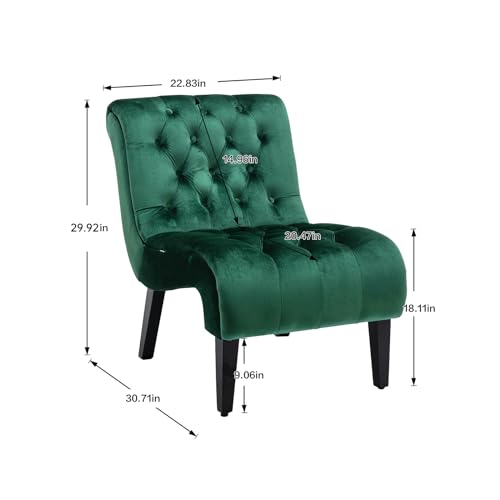 Green Velvet Armless Accent Chair Set of 2, Upholstered with Tufted Back and Rolled Edge Design, Comfy Reading Chair with Solid Wooden Legs, Easy Assembly | Modern Small Lounger for Living Room, Upholstered Reading Chaise Lounge with Solid Rubber Wood Leg