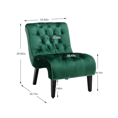 Green Velvet Armless Accent Chair Set of 2, Upholstered with Tufted Back and Rolled Edge Design, Comfy Reading Chair with Solid Wooden Legs, Easy Assembly | Modern Small Lounger for Living Room, Upholstered Reading Chaise Lounge with Solid Rubber Wood Leg