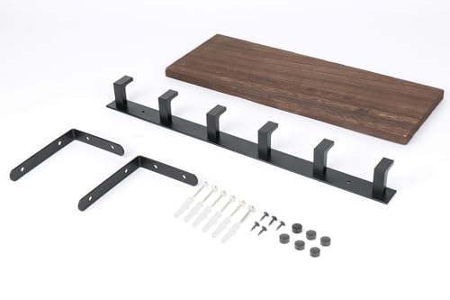 Coat Rack Wall Mounted with Shelf, Heavy Duty Wall Hooks with Wood Shelves Coat Hooks for Hanging Clothes Hats Towel Purse, Entryway Shelves with 6 Hooks for Bathroom (Dark Brown)