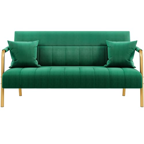 Yaheetech 56.5" Smal Sofa 2 Seater Couch with Gold-Tone Legs, Green | Small Sofa Loveseat Velve 2 Seater Couch with Tufted Back Gold Metal Frame 2 Pillows for Office, Studio,Living Room - color: Green, size: 56.5" W